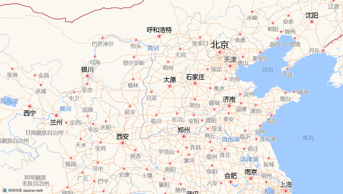 Route map showing the 1,216 km rail route from Beijing to Xi'an, China