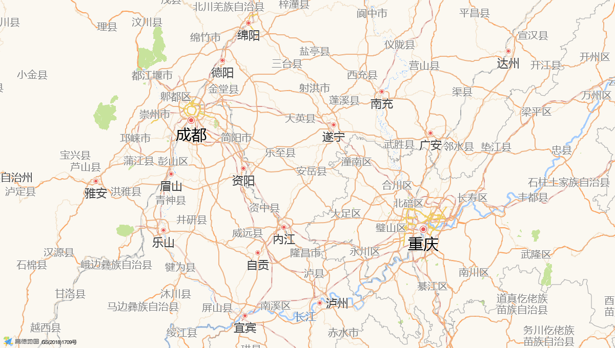 Route map showing the 308 km rail route from Chengdu to Chongqing, China