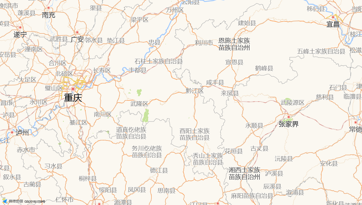 Route map showing the 430 km rail route from Chongqing to Zhangjiajie, China