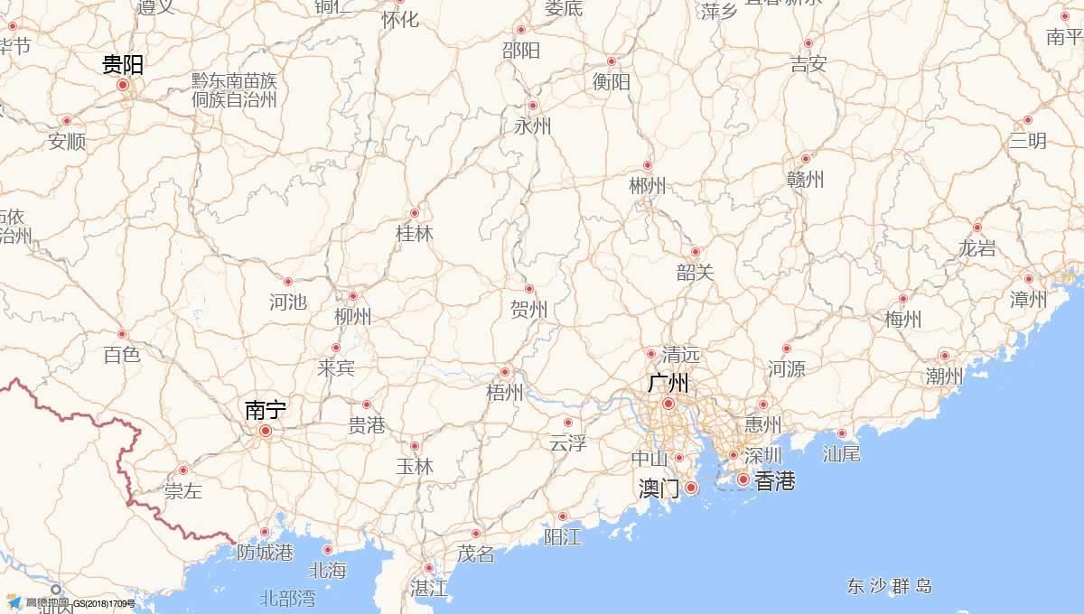 Route map showing the 500 km rail route from Guangzhou to Guilin, China