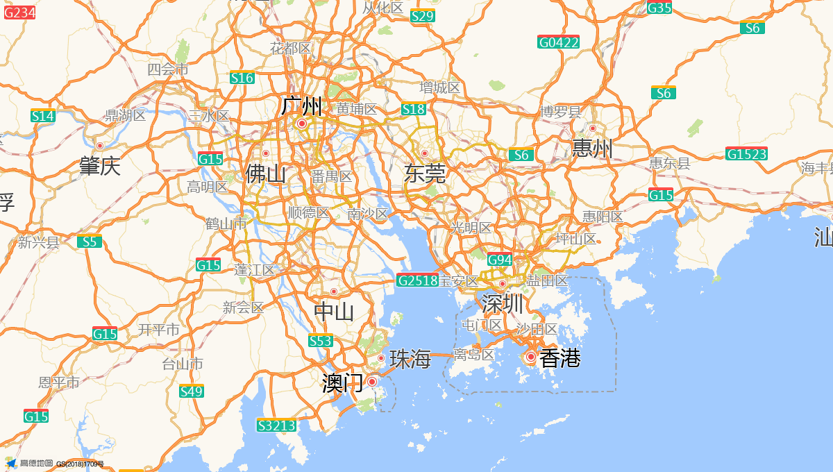 Route map showing the 140 km rail route from Guangzhou to Hong Kong, China