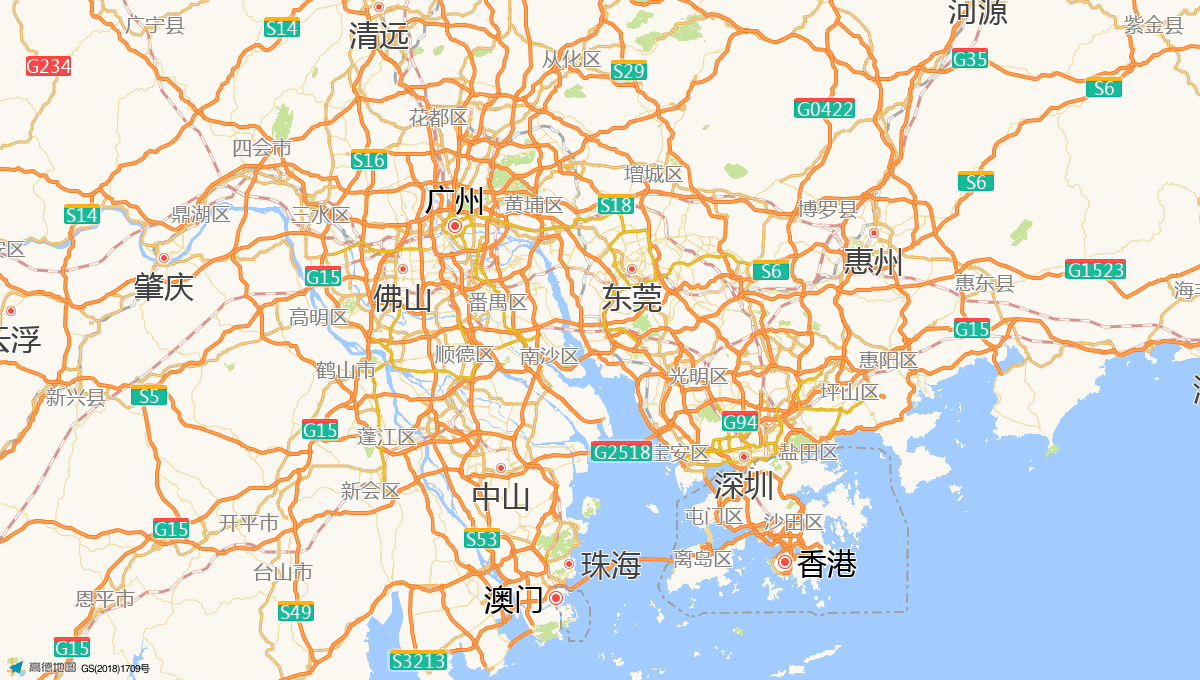 Route map showing the 102 km rail route from Guangzhou to Shenzhen, China